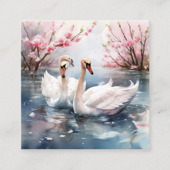 Carte De Visite Carré Aquarelle Swan Couple (Devant)