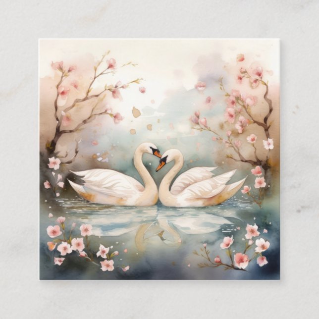 Carte De Visite Carré Aquarelle Swan Couple (Devant)