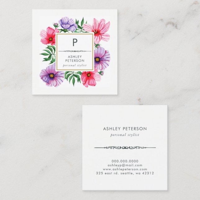 Carte De Visite Carré Aquarelle tendance mignonne rose Fleurs Monogramme (Devant / Derrière)