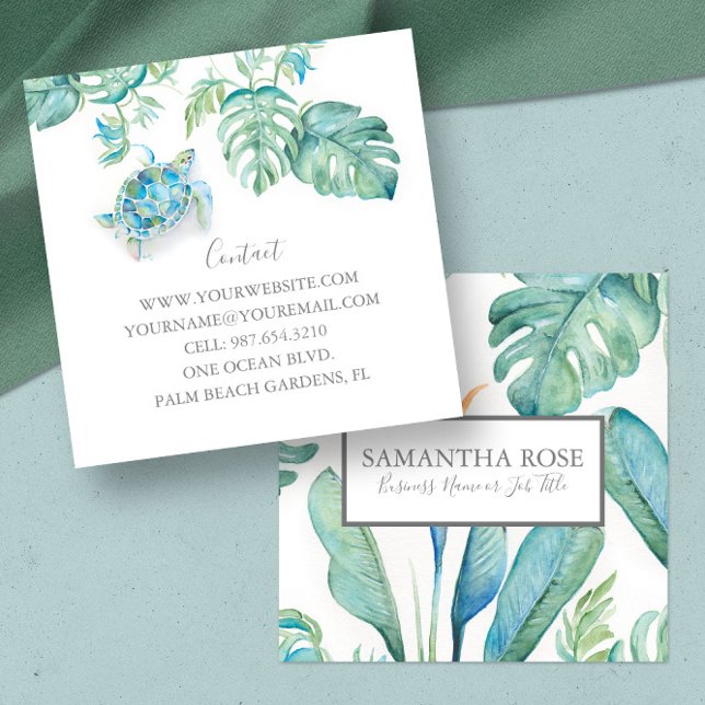 Carte De Visite Carré Aquarelle Tortue de mer Vert tropical (Florida tropical sea turtle business cards feature watercolor art Victoria Grigaliunas DoTellABelle)