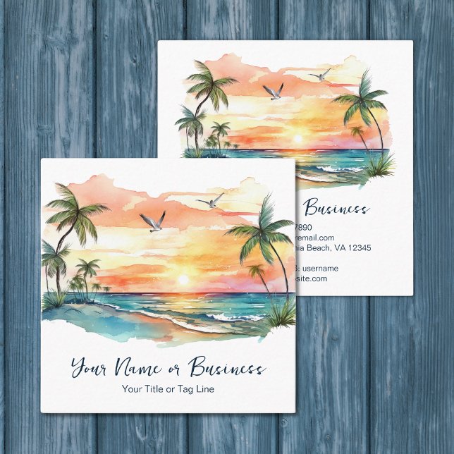 Carte De Visite Carré Aquarelle Tropical Palm Tree Beach Sunset (Watercolor Tropical Palm Tree Beach Sunset Square Business Card)