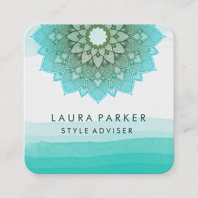 Carte De Visite Carré Aquarelle Turquoise bleue Lotus Floral Mandala Yog (Devant)