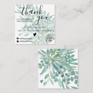 Carte De Visite Carré Aquarelle verte de feuilles d'eucalyptus merci