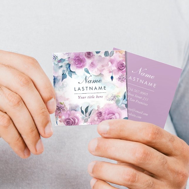 Carte De Visite Carré Aquarelle violette Rose Botanique Artiste (Créateur téléchargé)