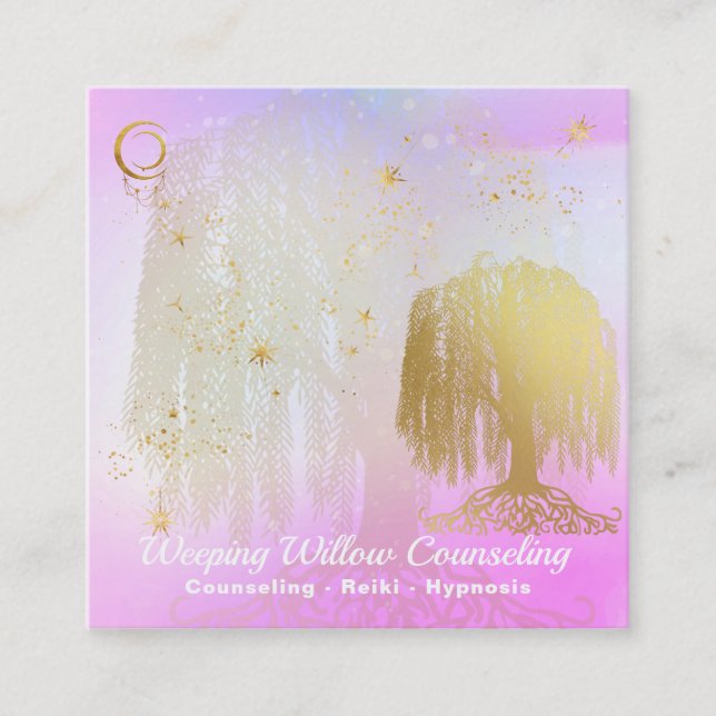 Carte De Visite Carré *~* Arc-en-ciel Cosmique Willow Tree Moon Gold (Devant)