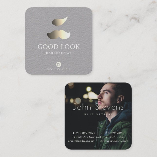 Carte De Visite Carré Argent métallique et doré Moustache coiffeur (Devant / Derrière)