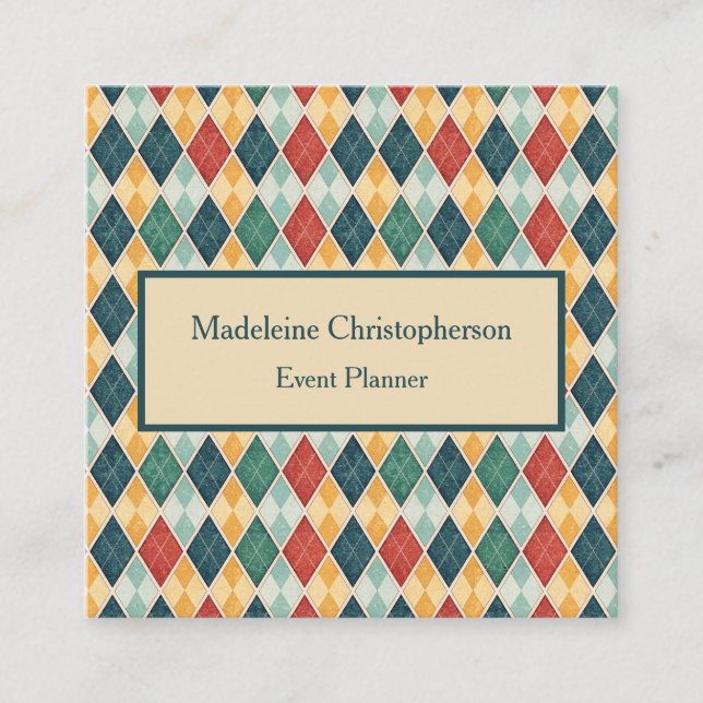Carte De Visite Carré Argyle Retro Harlequin Red Green Template (Devant)