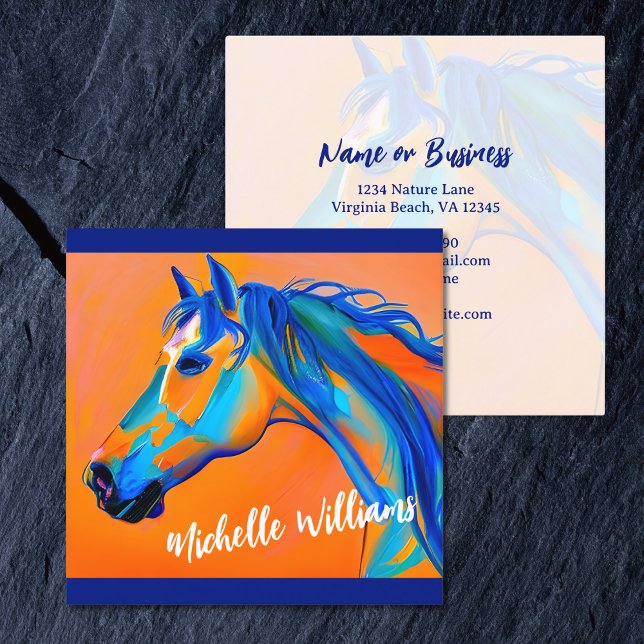 Carte De Visite Carré Art Cheval Abstrait bleu et orange (Blue and Orange Abstract Horse Art Square Business Card)