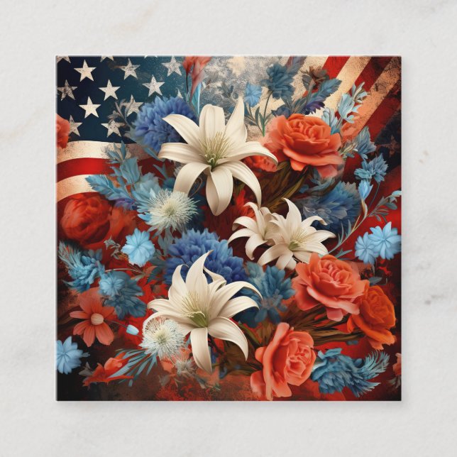 Carte De Visite Carré Art floral bleu et blanc rouge (Devant)