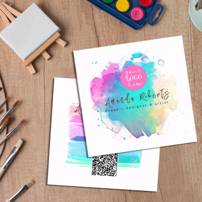 Carte De Visite Carré Artiste Abstrait de brosse à l'aquarelle ("Expressive Brush Strokes: Elevate Your Presence" #watercolorartist #watercolorbusinesscard #artistc)