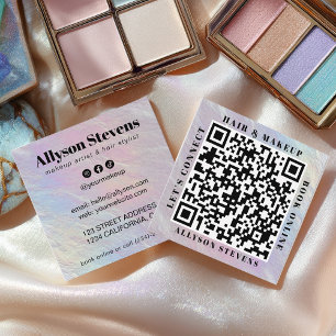Carte De Visite Carré Artiste de coiffure maquillage Code QR Perle Opale