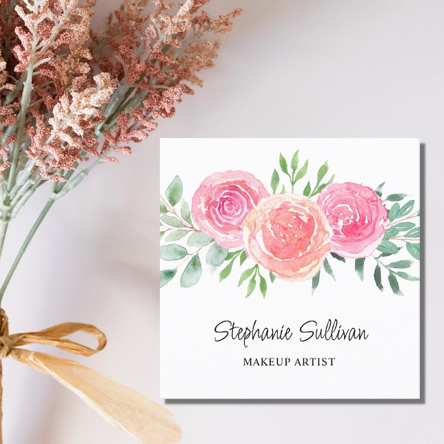 Carte De Visite Carré Artiste de maquillage en aquarelle florale (Créateur téléchargé)