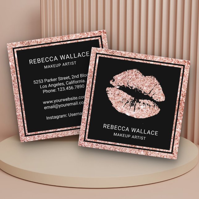 Carte De Visite Carré Artiste de maquillage moderne Black Rose Gold Part (Créateur téléchargé)