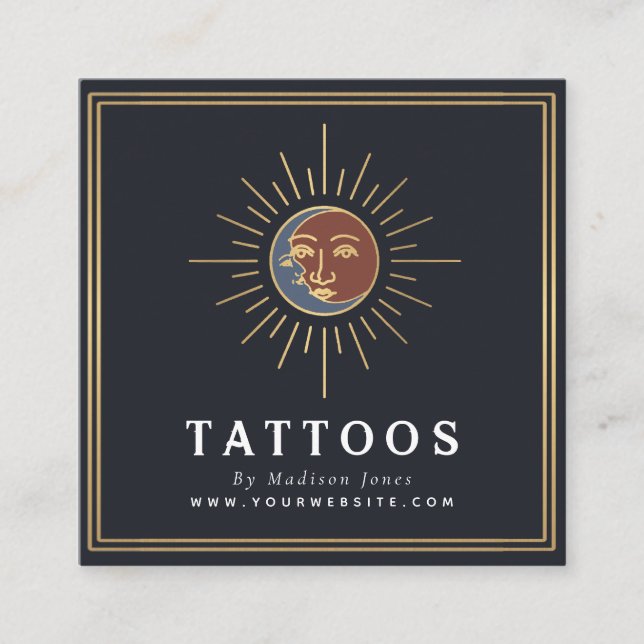 Carte De Visite Carré Artiste de tatouage de cuisine Sun et Moon (Devant)