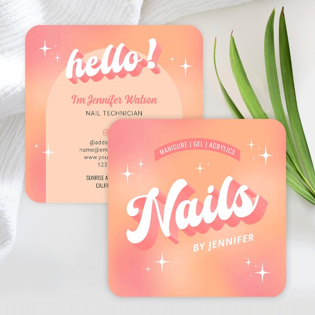 Carte De Visite Carré Artiste du clou moderne Manucure Super Pêche tenda (Trendy nails business cards with groovy fonts and girly peach colors)