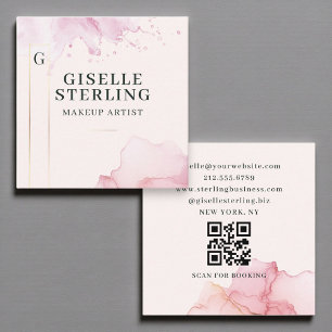 Carte De Visite Carré Artiste maquillage Aquarelle rose pâle Code QR