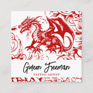 Carte De Visite Carré Artiste stylé de tatouage floral de dragon rouge e