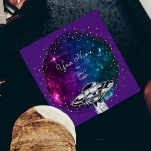 Carte De Visite Carré Assiette volante violette dans la galaxie artistiq