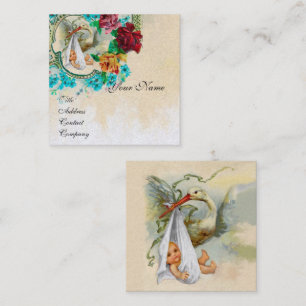 Carte De Visite Carré BABY SHOWER NEUTRE FLORAL STORK Livre blanc en per