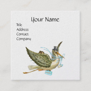 Carte De Visite Carré BABY SHOWER STORK Bleu blanc Pearl papier