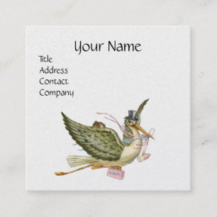 Carte De Visite Carré BABY SHOWER STORK papier perle blanche rose