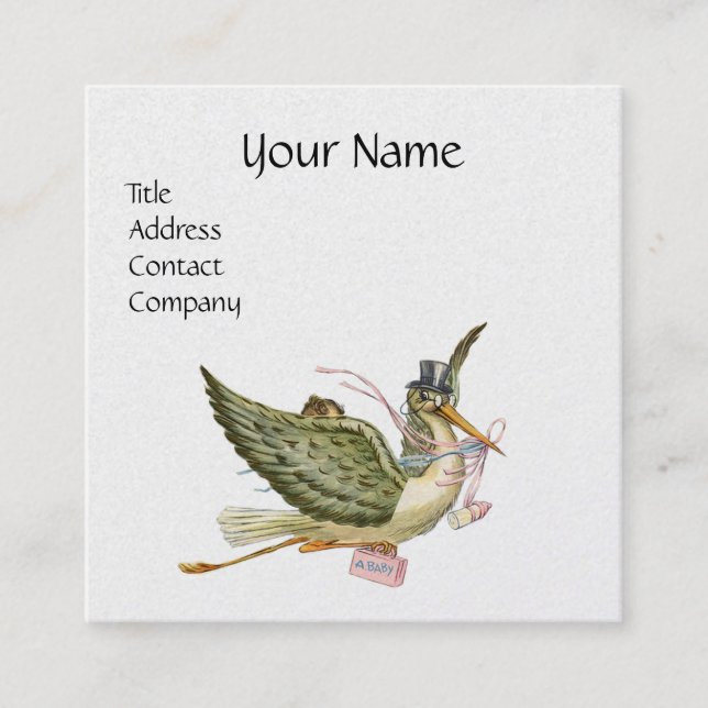 Carte De Visite Carré BABY SHOWER STORK papier perle blanche rose (Devant)