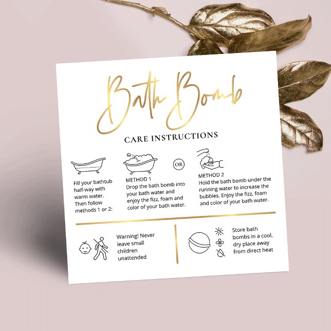 Carte De Visite Carré Bain Bomb Instructions Chic White & Gold Logo (Bath Bombs care instructions cards with care icons, gold effects and step-by-step instructions)