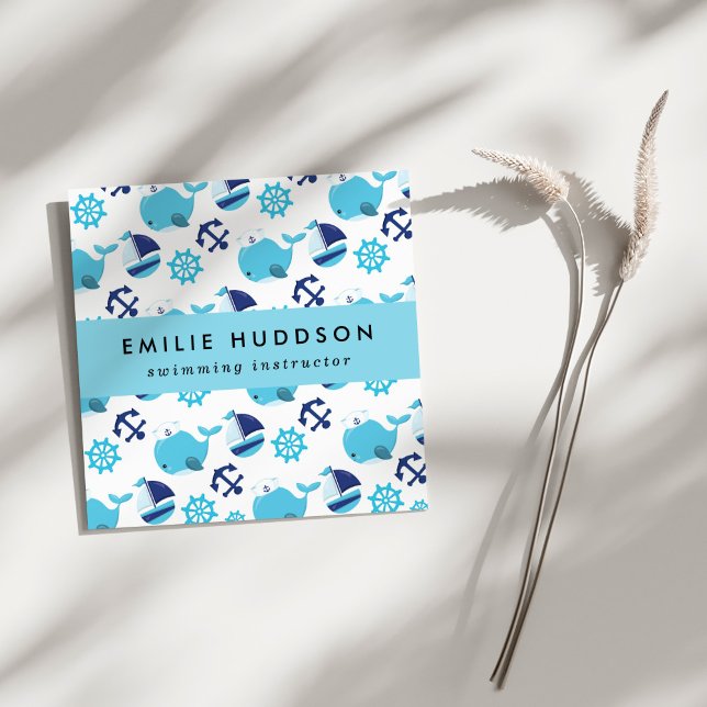 Carte De Visite Carré Baleines Bleues, Instructeur de natation, Entraîne (Créateur téléchargé)