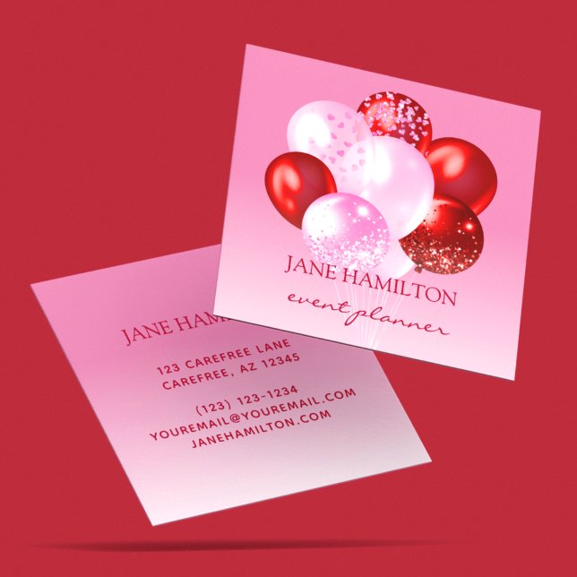 Carte De Visite Carré Ballons rouge rose du planificateur d'événements (Créateur téléchargé)