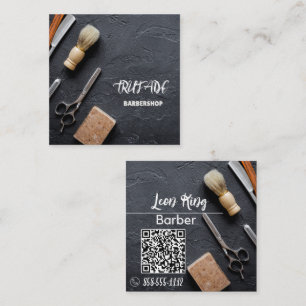 Carte De Visite Carré Barbier professionnel QR Gris