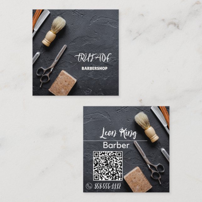 Carte De Visite Carré Barbier professionnel QR Gris (Devant / Derrière)