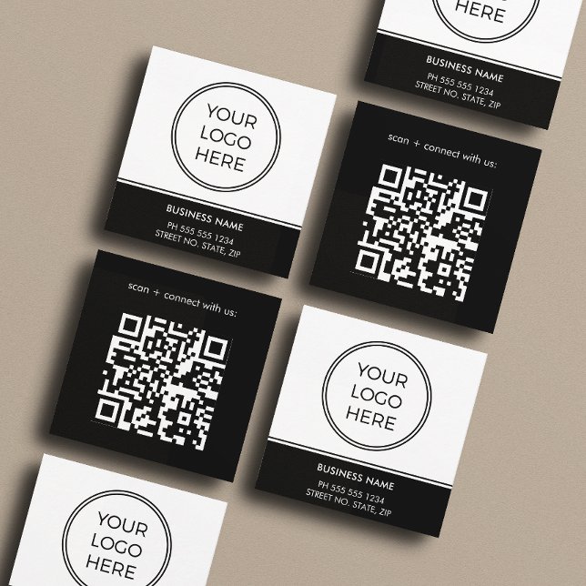Carte De Visite Carré Basic Black Business Logo QR Code  (Front and back of 2.5 inch square business card. Choose a corner and paper style.)
