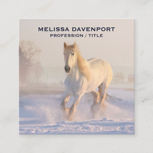Carte De Visite Carré Beau Cheval Blanc Courir dans la neige (Devant)