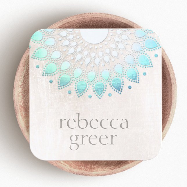 Carte De Visite Carré Beau Marbre blanc Floral Bleu Lotus Mandala (Créateur téléchargé)