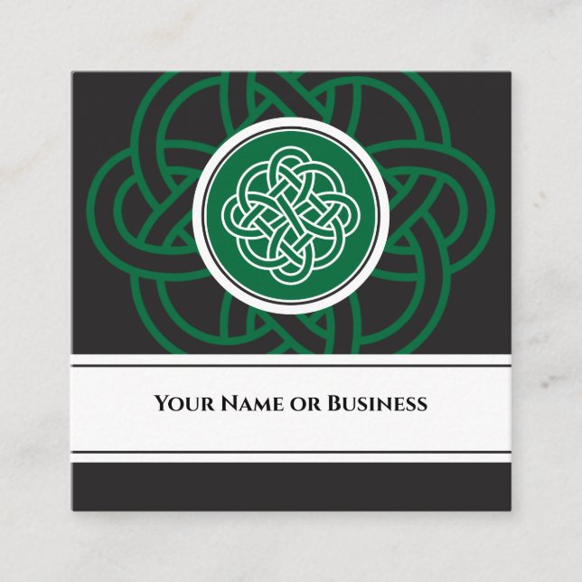 Carte De Visite Carré Beau noeud celtique irlandais noir, vert et blanc (Devant)