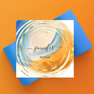 Carte De Visite Carré Beauté Bio Boutique QR Code Logo Blue Gold Paint