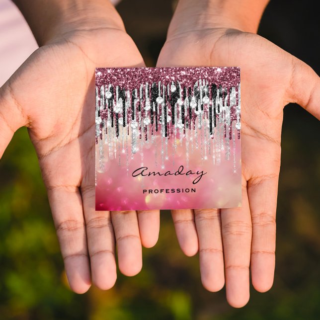 Carte De Visite Carré Beauté Studio Coiffeur maquillage Rose argent gout (Créateur téléchargé)