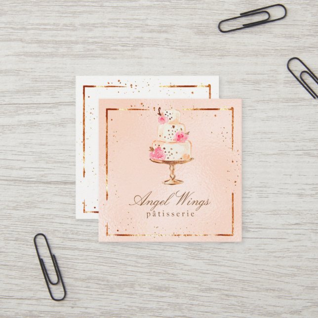 Carte De Visite Carré Beaux Patisserie, boulangerie, gâteaux et bonbons (Devant/Arrière en situation)