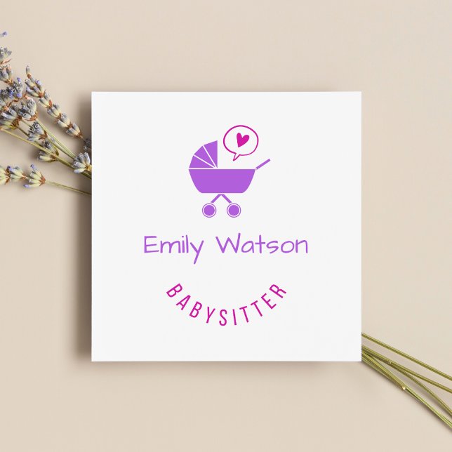 Carte De Visite Carré Bébé mignonne poussette pourpre Coeur Babysitter (Créateur téléchargé)
