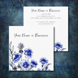 Carte De Visite Carré Belle croquis de fleurs bleu et blanc