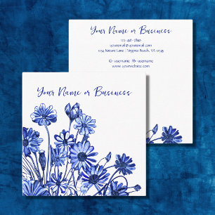 Carte De Visite Carré Belle croquis de fleurs bleu et blanc