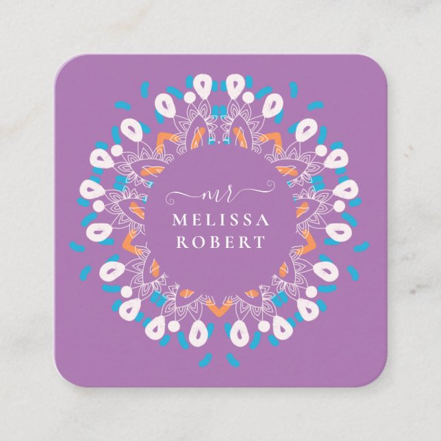 Carte De Visite Carré Belle Lavander violet marbre de Mandala Floral (Devant)