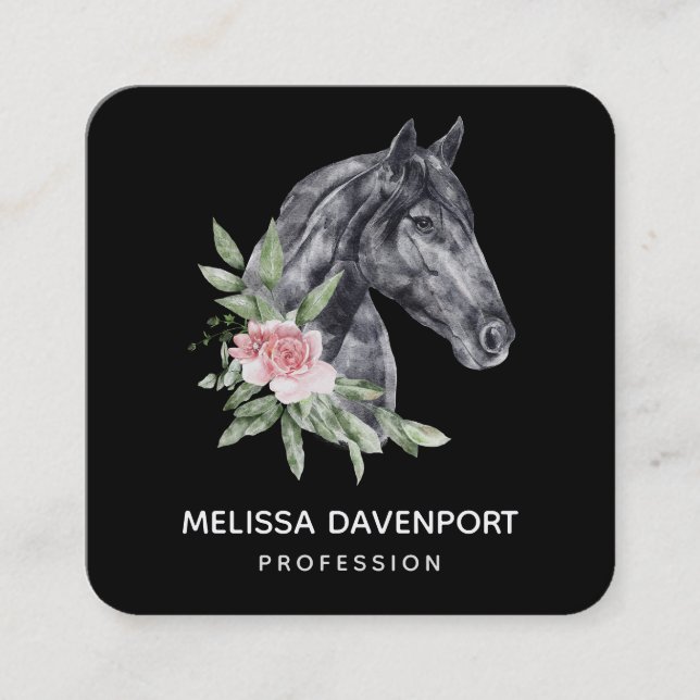 Carte De Visite Carré Belle tête de cheval noir Portrait d'aquarelle (Devant)