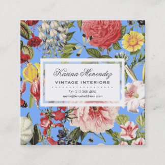 Carte De Visite Carré Belles fleurs et insectes Jardin Floral Bleu