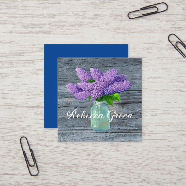 Carte De Visite Carré Belles Lilacs En Mason Jar Rustique (Devant/Arrière en situation)