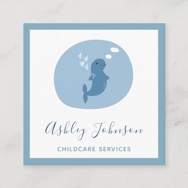 Carte De Visite Carré Beluga Baby Whale Pastel Blue Garderie Babysitter (Devant)