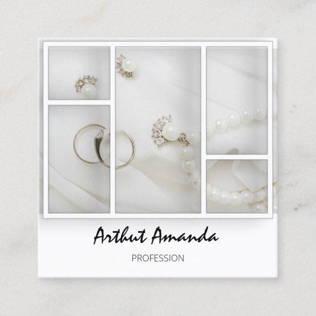 Carte De Visite Carré Bijoux de luxe perles or blanc VIP (Devant)