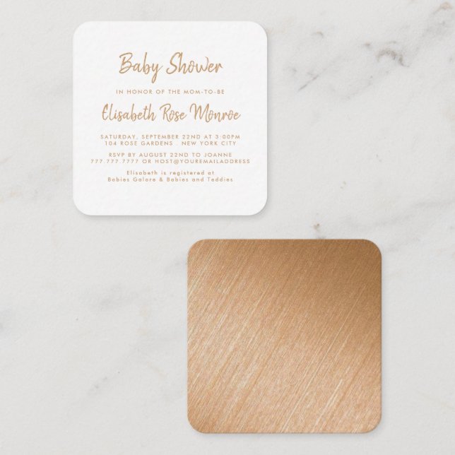 Carte De Visite Carré Billet Baby shower Gold Foil et Script moderne (Devant / Derrière)