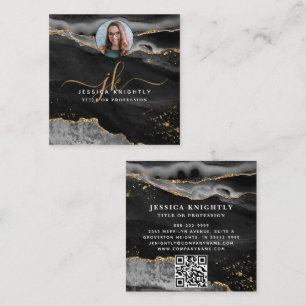 Carte De Visite Carré Black Agate Gold Parties scintillant Script Photo 