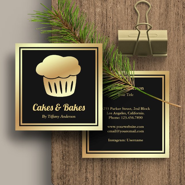 Carte De Visite Carré Black Faux Gold Foil Boulangerie de cupcake maison (Créateur téléchargé)